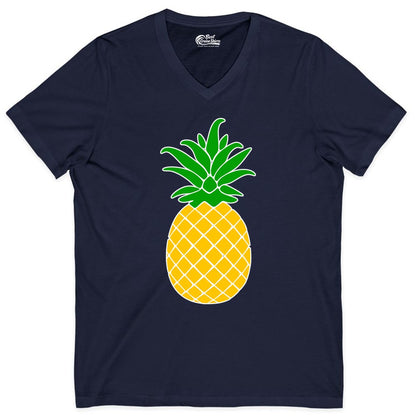 Pineapple Graphic Shirt - Tropical Fruit Apparel for Summer Fun (V-Neck) in Navy - Cartoon Pineapple Graphic Shirt - Bold Tropical Fruit Summer Tee