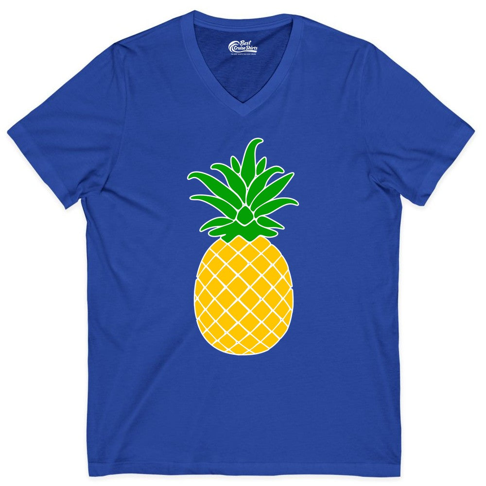 Pineapple Graphic Shirt - Tropical Fruit Apparel for Summer Fun (V-Neck) in True Royal - Cartoon Pineapple Graphic Shirt - Bold Tropical Fruit Summer Tee