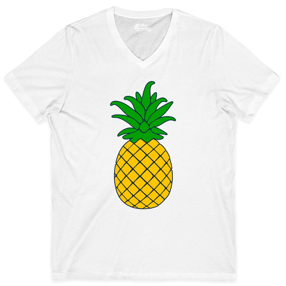 Pineapple Graphic Shirt - Tropical Fruit Apparel for Summer Fun (V-Neck) in White - Cartoon Pineapple Graphic Shirt - Bold Tropical Fruit Summer Tee