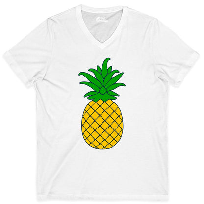 Pineapple Graphic Shirt - Tropical Fruit Apparel for Summer Fun (V-Neck) in White - Cartoon Pineapple Graphic Shirt - Bold Tropical Fruit Summer Tee