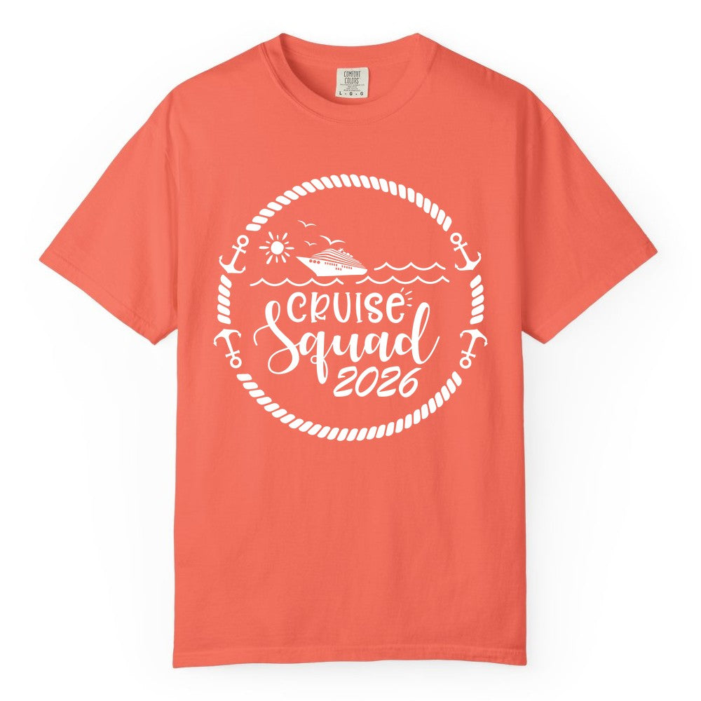 Cruise Squad 2026 Shirt - Family Cruise Shirt Group Apparel (Comfort Color) in Bright Salmon - Cruise Squad 2026 Shirt - Nautical Rope Anchor Family Group Tee
