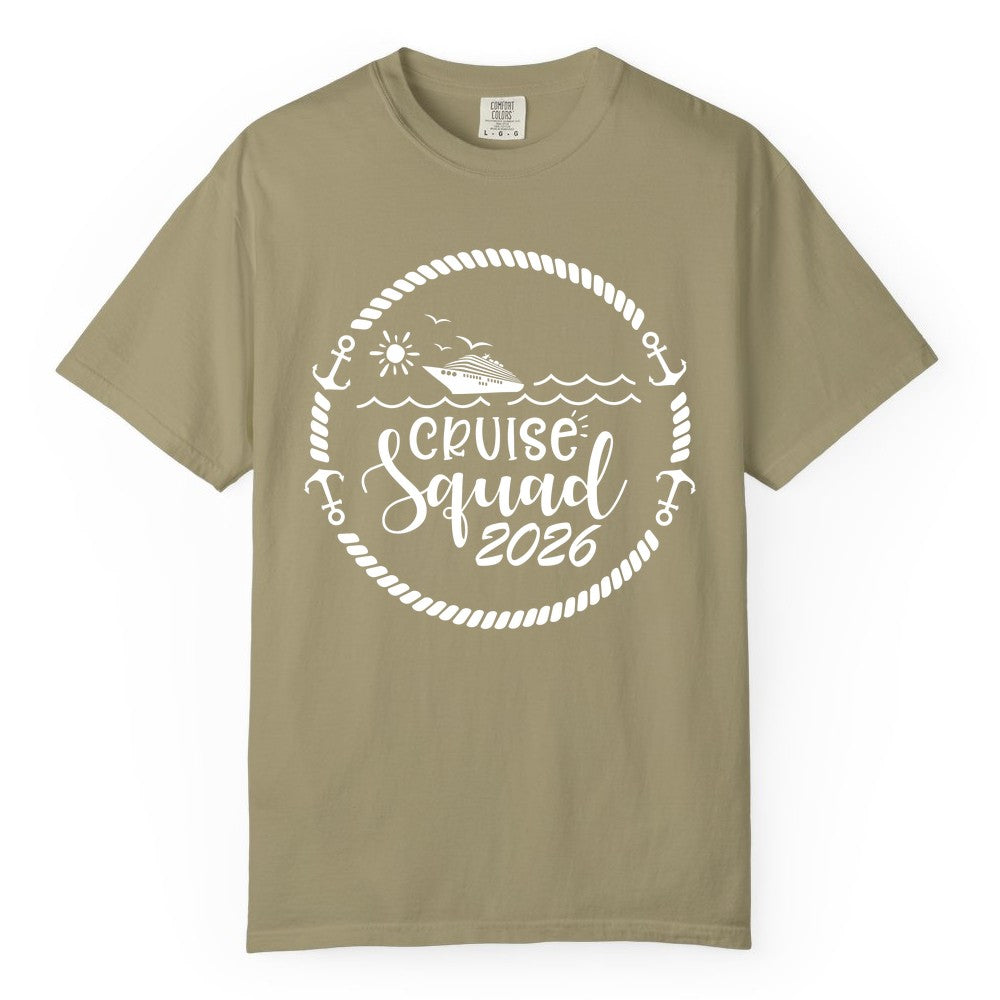 Cruise Squad 2026 Shirt - Family Cruise Shirt Group Apparel (Comfort Color) in Khaki - Cruise Squad 2026 Shirt - Nautical Rope Anchor Family Group Tee