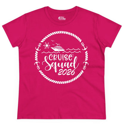 Cruise Squad 2026 Shirt - Family Cruise Shirt Group Apparel (Ladies Tee) in Heliconia - Cruise Squad 2026 Shirt - Nautical Rope Anchor Family Group Tee