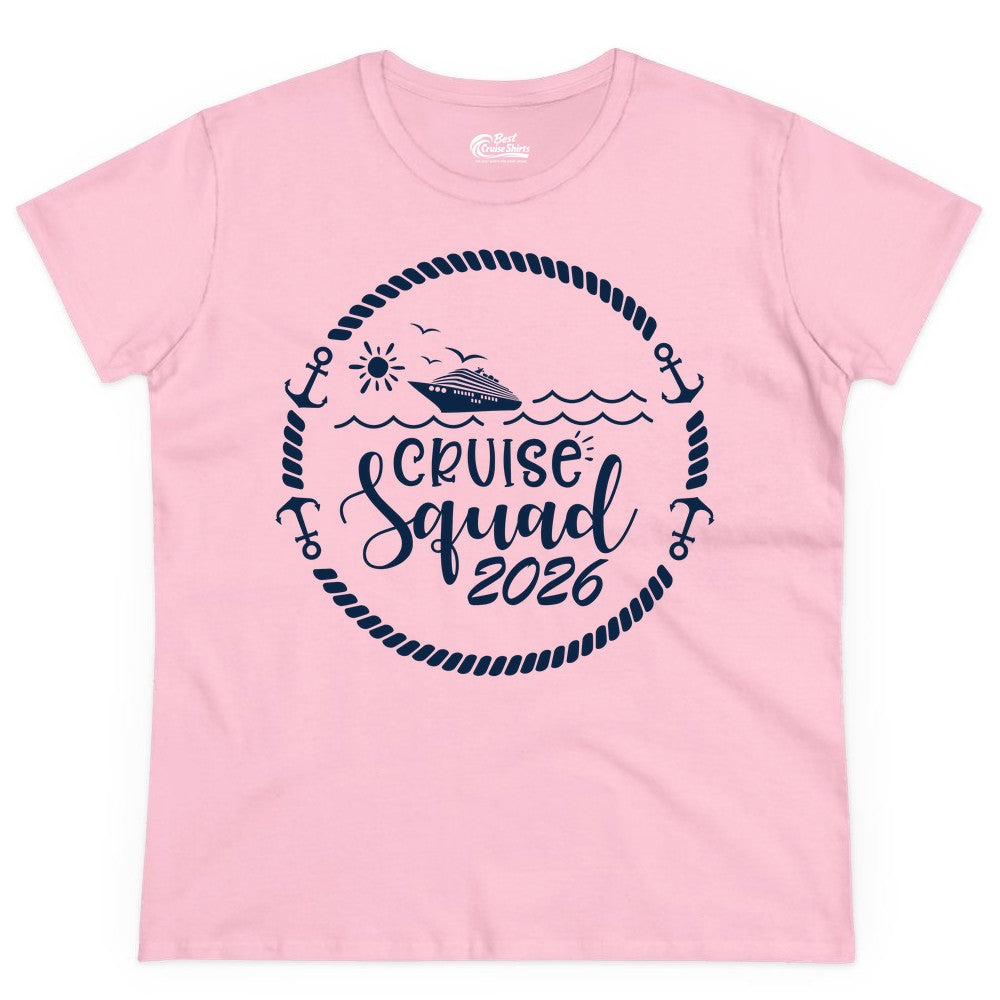 Cruise Squad 2026 Shirt - Family Cruise Shirt Group Apparel (Ladies Tee) in Light Pink - Cruise Squad 2026 Shirt - Nautical Rope Anchor Family Group Tee
