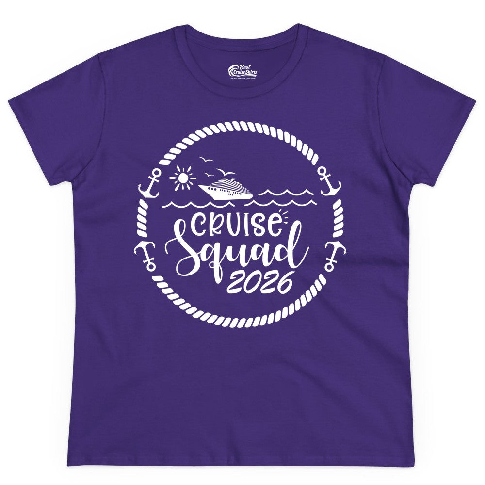 Cruise Squad 2026 Shirt - Family Cruise Shirt Group Apparel (Ladies Tee) in Purple - Cruise Squad 2026 Shirt - Nautical Rope Anchor Family Group Tee