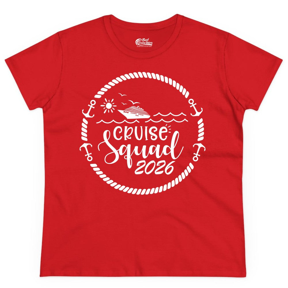 Cruise Squad 2026 Shirt - Family Cruise Shirt Group Apparel (Ladies Tee) in Red - Cruise Squad 2026 Shirt - Nautical Rope Anchor Family Group Tee