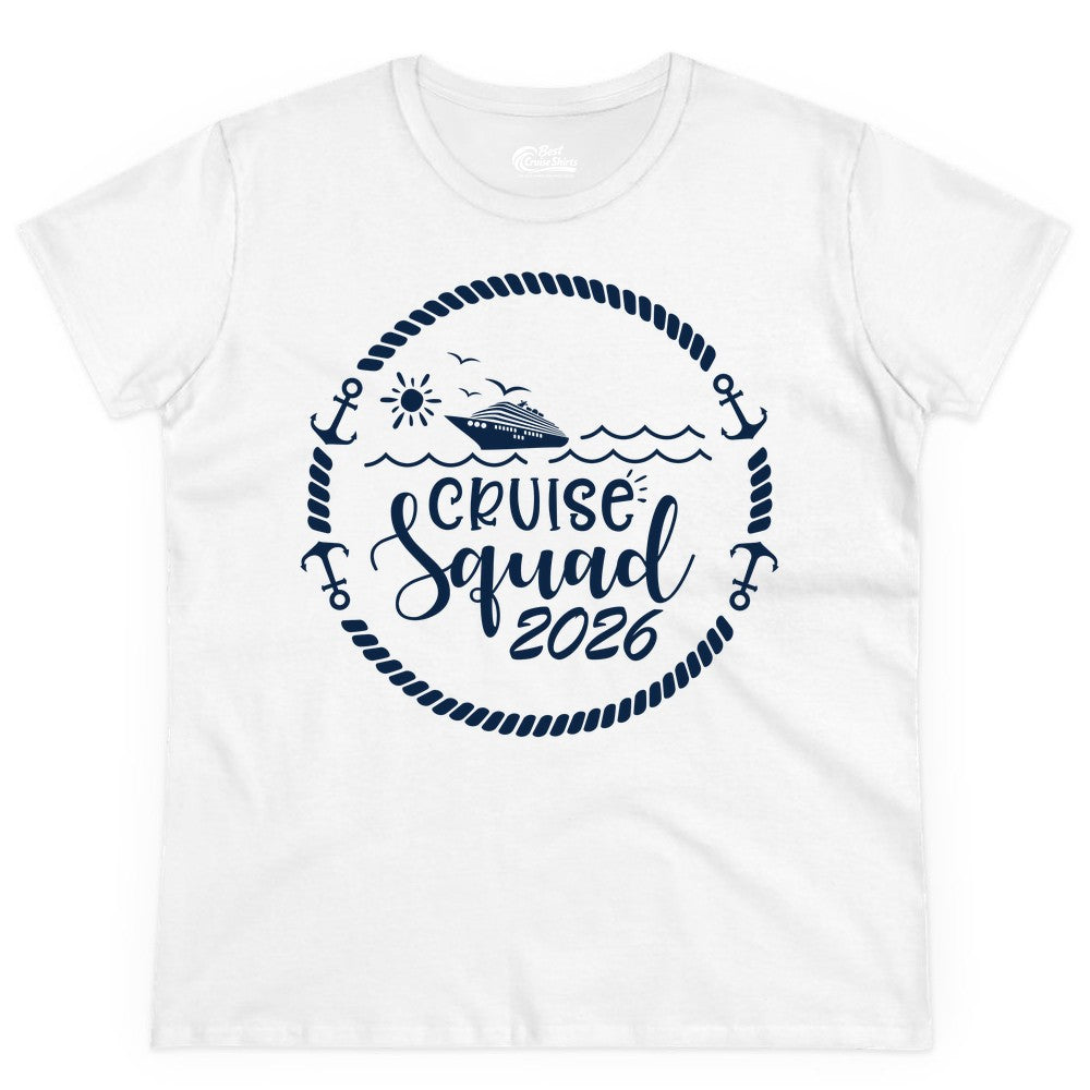 Cruise Squad 2026 Shirt - Family Cruise Shirt Group Apparel (Ladies Tee) in White - Cruise Squad 2026 Shirt - Nautical Rope Anchor Family Group Tee