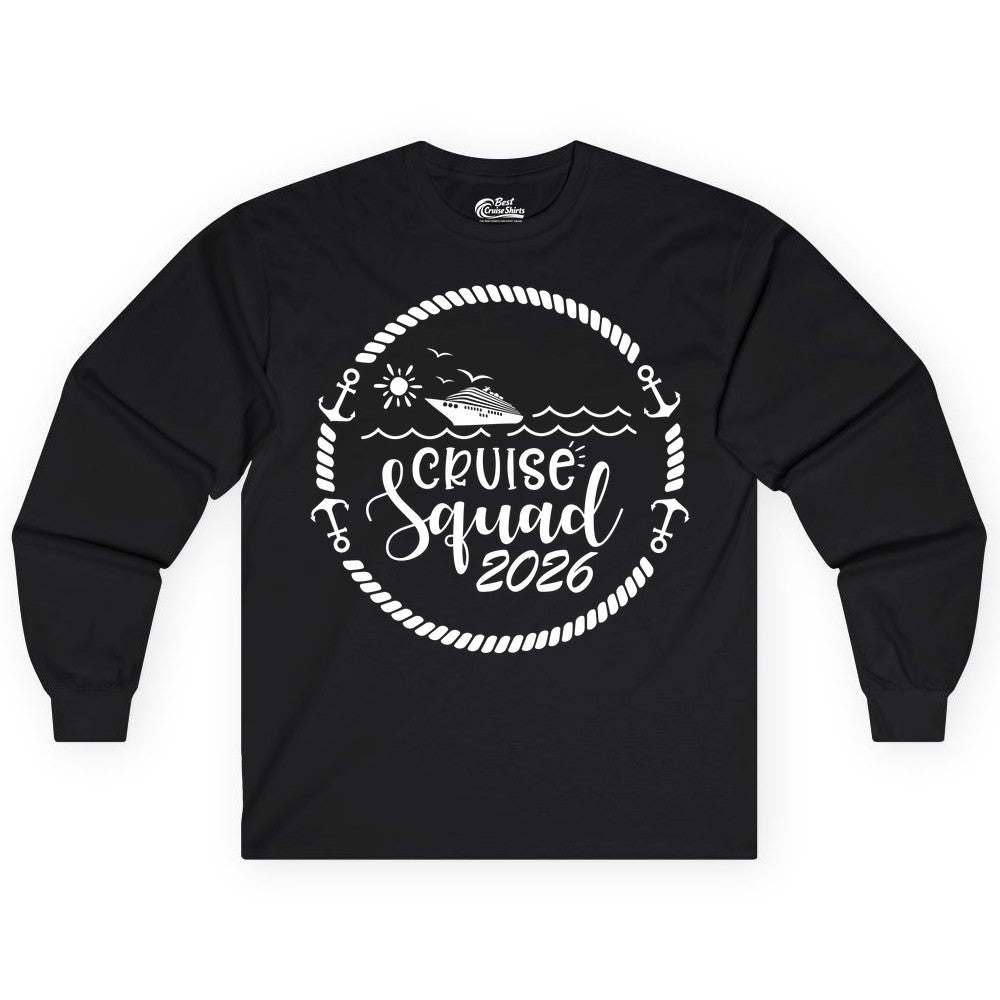 Cruise Squad 2026 Shirt - Family Cruise Shirt Group Apparel (Long Sleeve) in Black - Cruise Squad 2026 Shirt - Nautical Rope Anchor Family Group Tee