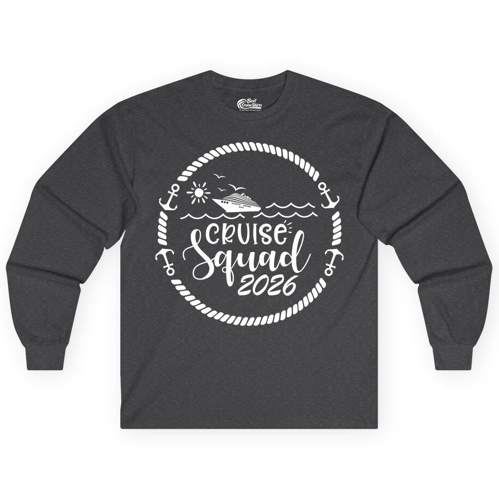 Cruise Squad 2026 Shirt - Family Cruise Shirt Group Apparel (Long Sleeve) in Dark Heather - Cruise Squad 2026 Shirt - Nautical Rope Anchor Family Group Tee
