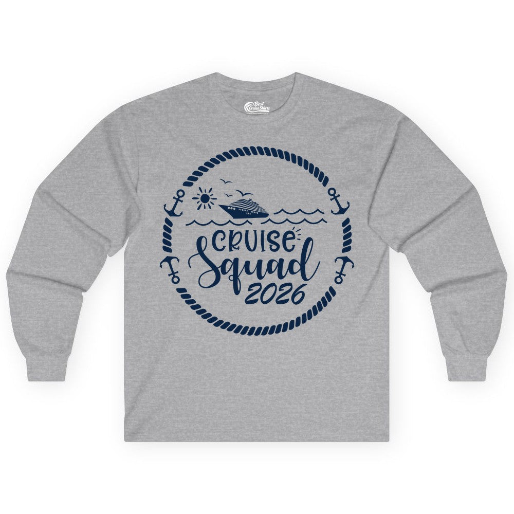 Cruise Squad 2026 Shirt - Family Cruise Shirt Group Apparel (Long Sleeve) in Sport Grey - Cruise Squad 2026 Shirt - Nautical Rope Anchor Family Group Tee