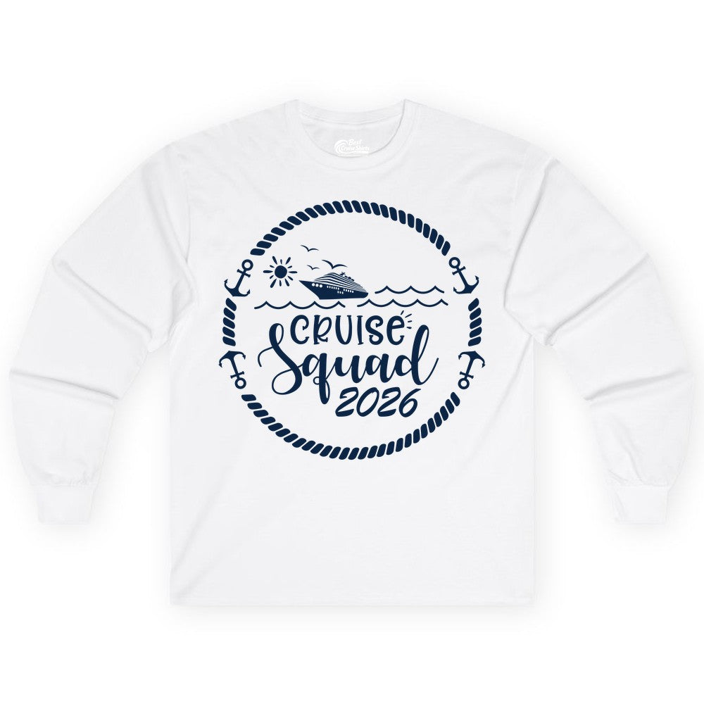 Cruise Squad 2026 Shirt - Family Cruise Shirt Group Apparel (Long Sleeve) in White - Cruise Squad 2026 Shirt - Nautical Rope Anchor Family Group Tee