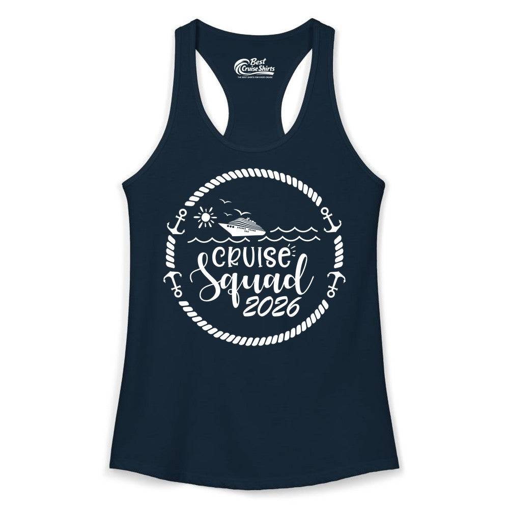 Cruise Squad 2026 Shirt - Family Cruise Shirt Group Apparel (Ladies Tank) in Solid Midnight Navy - Cruise Squad 2026 Shirt - Nautical Rope Anchor Family Group Tee