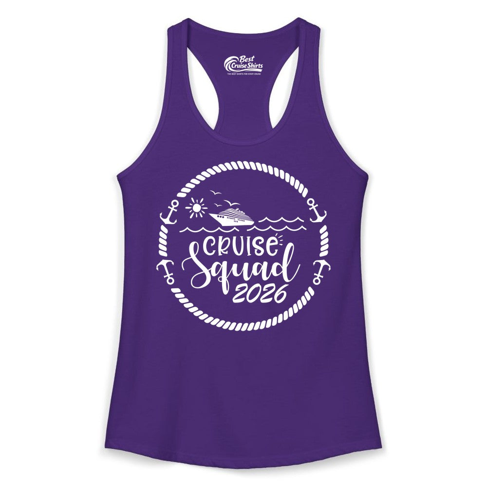 Cruise Squad 2026 Shirt - Family Cruise Shirt Group Apparel (Ladies Tank) in Solid Purple Rush - Cruise Squad 2026 Shirt - Nautical Rope Anchor Family Group Tee