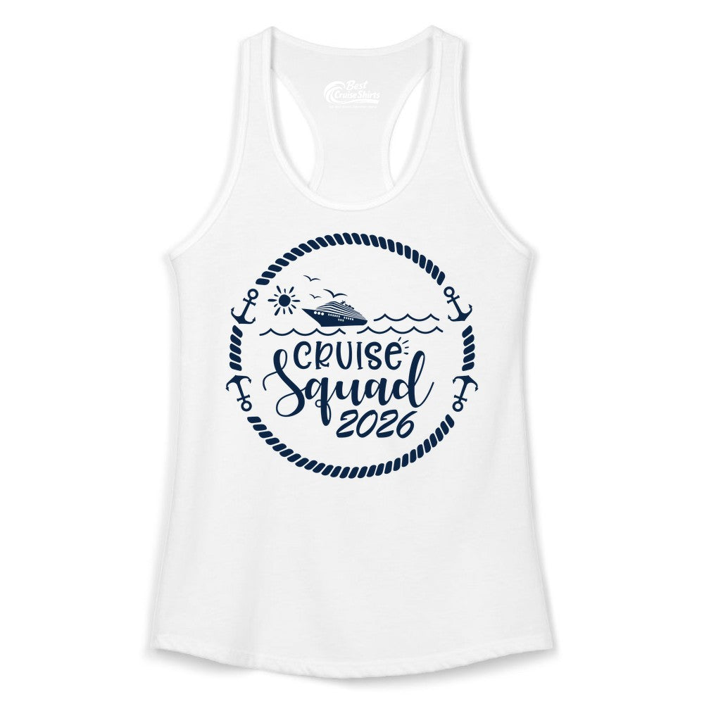Cruise Squad 2026 Shirt - Family Cruise Shirt Group Apparel (Ladies Tank) in White - Cruise Squad 2026 Shirt - Nautical Rope Anchor Family Group Tee