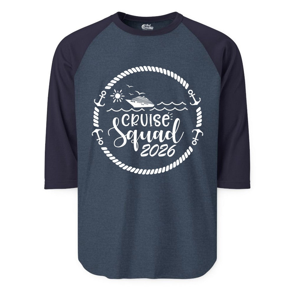 Cruise Squad 2026 Shirt - Family Cruise Shirt Group Apparel (Raglan) in Heather DenimNavy - Cruise Squad 2026 Shirt - Nautical Rope Anchor Family Group Tee