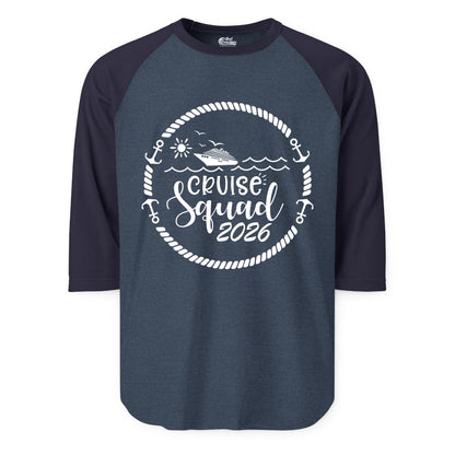 Cruise Squad 2026 Shirt - Family Cruise Shirt Group Apparel (Raglan) in Heather DenimNavy - Cruise Squad 2026 Shirt - Nautical Rope Anchor Family Group Tee