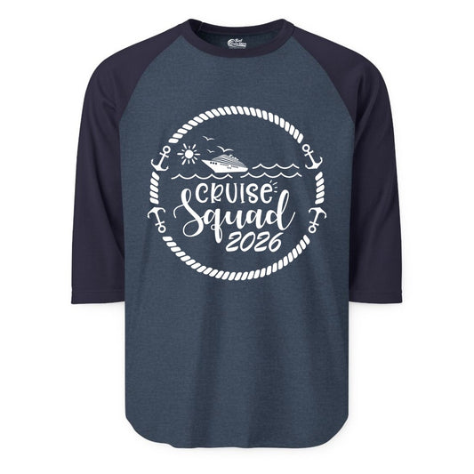 Cruise Squad 2026 Shirt - Family Cruise Shirt Group Apparel (Raglan) in Heather DenimNavy - Cruise Squad 2026 Shirt - Nautical Rope Anchor Family Group Tee
