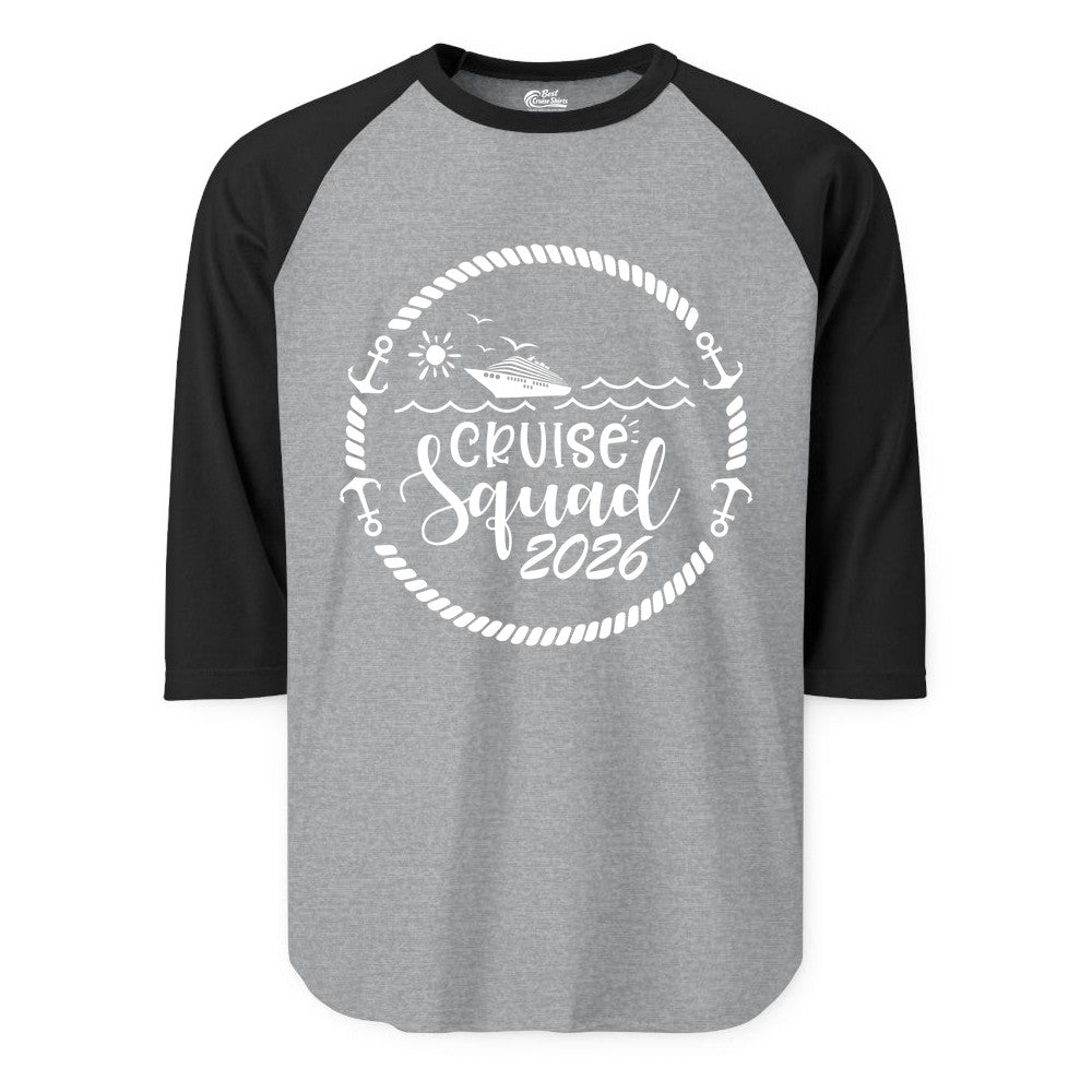 Cruise Squad 2026 Shirt - Family Cruise Shirt Group Apparel (Raglan) in Heather GreyBlack - Cruise Squad 2026 Shirt - Nautical Rope Anchor Family Group Tee