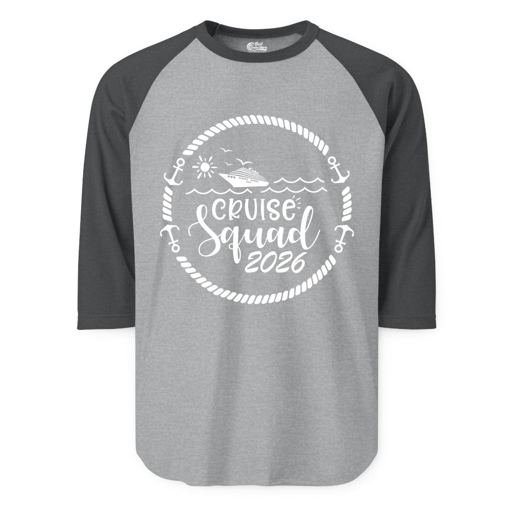Cruise Squad 2026 Shirt - Family Cruise Shirt Group Apparel (Raglan) in Heather GreyHeather Charcoal - Cruise Squad 2026 Shirt - Nautical Rope Anchor Family Group Tee
