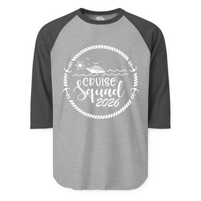 Cruise Squad 2026 Shirt - Family Cruise Shirt Group Apparel (Raglan) in Heather GreyHeather Charcoal - Cruise Squad 2026 Shirt - Nautical Rope Anchor Family Group Tee
