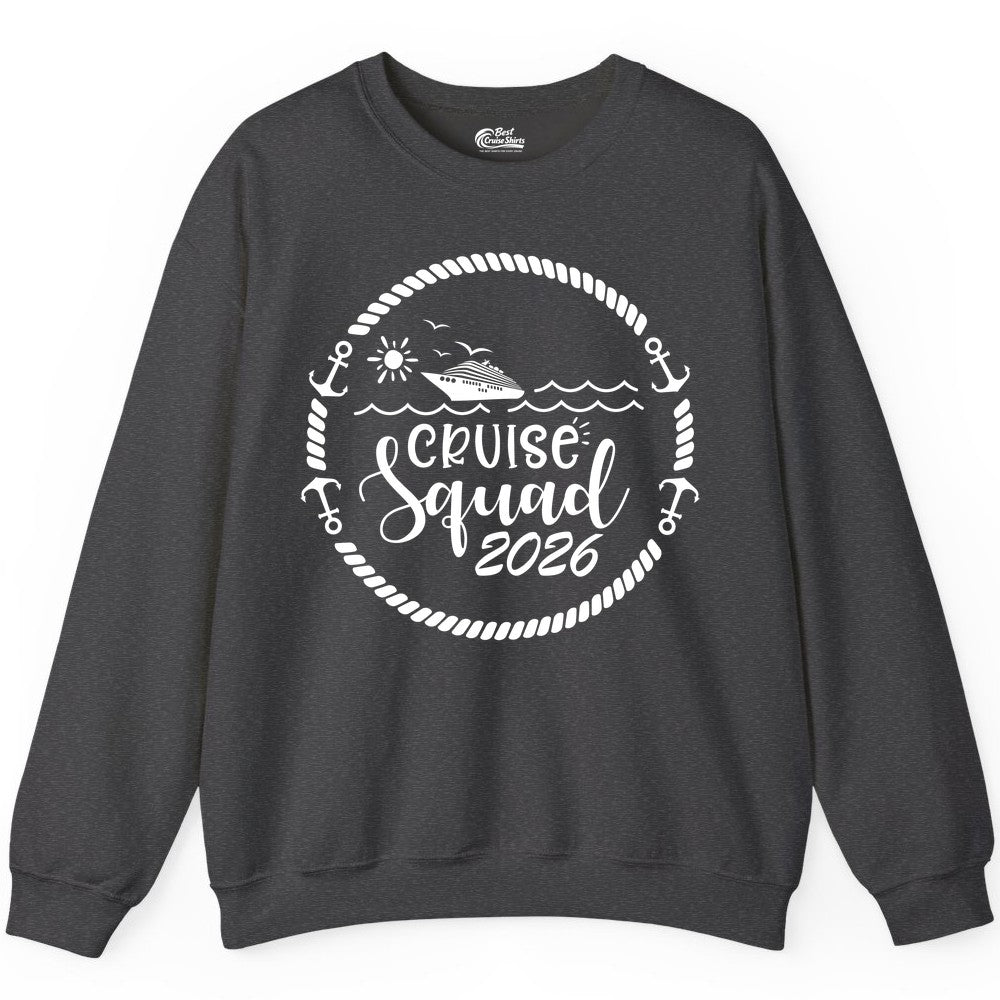 Cruise Squad 2026 Shirt - Family Cruise Shirt Group Apparel (Sweatshirt) in Dark Heather - Cruise Squad 2026 Shirt - Nautical Rope Anchor Family Group Tee