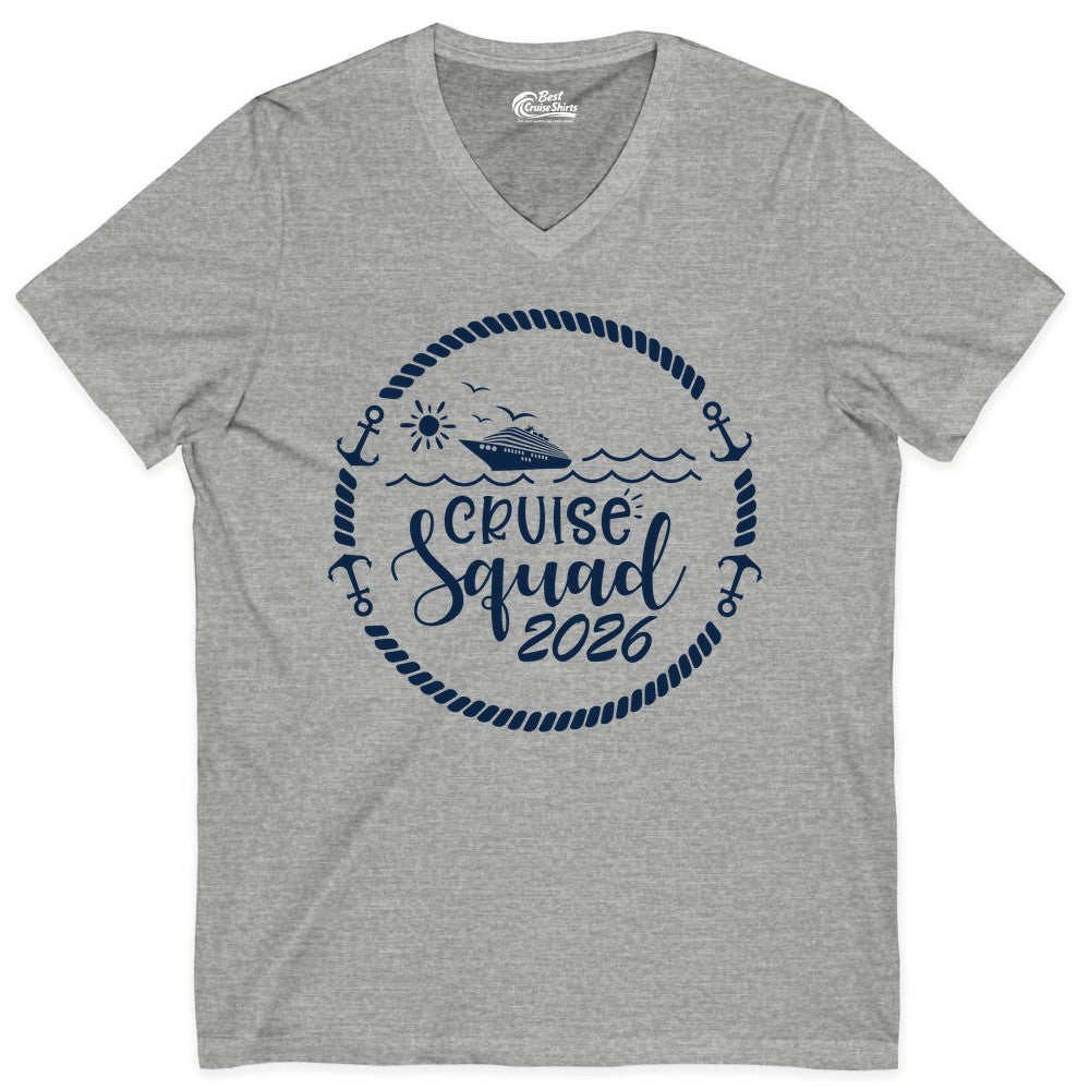 Cruise Squad 2026 Shirt - Family Cruise Shirt Group Apparel (V-Neck) in Athletic Heather - Cruise Squad 2026 Shirt - Nautical Rope Anchor Family Group Tee