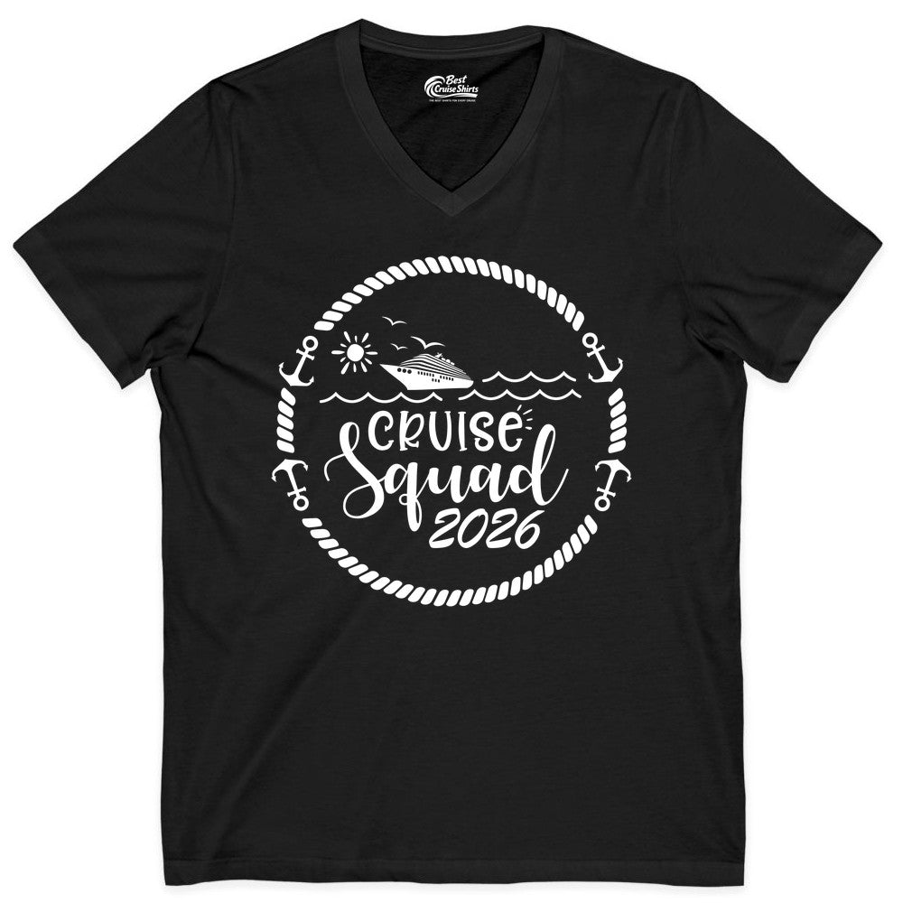 Cruise Squad 2026 Shirt - Family Cruise Shirt Group Apparel (V-Neck) in Black - Cruise Squad 2026 Shirt - Nautical Rope Anchor Family Group Tee