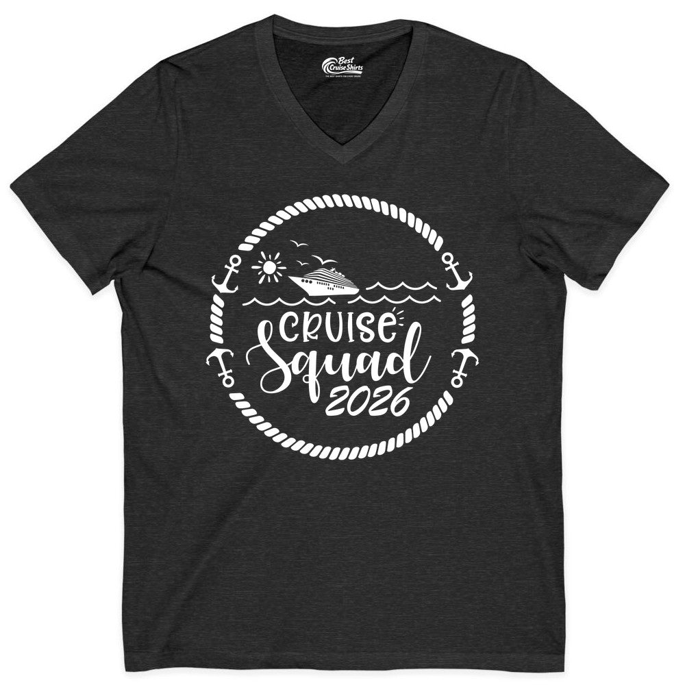 Cruise Squad 2026 Shirt - Family Cruise Shirt Group Apparel (V-Neck) in Dark Grey Heather - Cruise Squad 2026 Shirt - Nautical Rope Anchor Family Group Tee