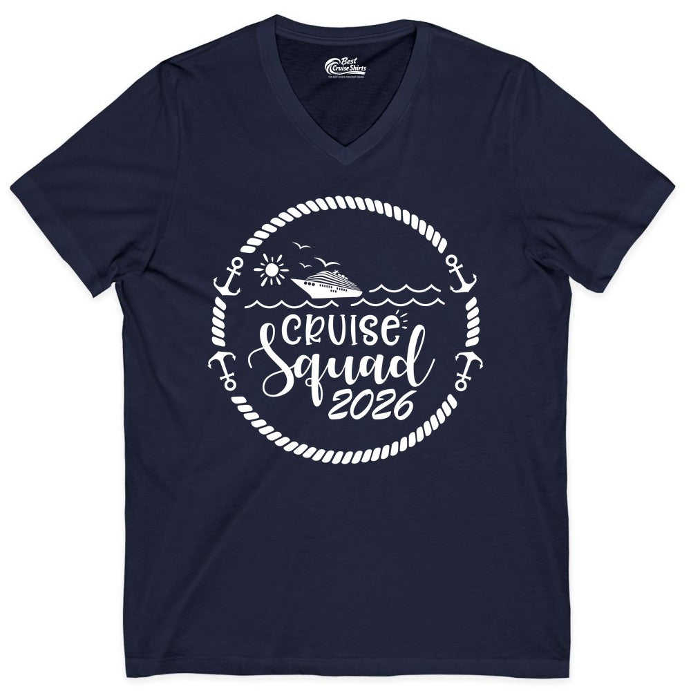 Cruise Squad 2026 Shirt - Family Cruise Shirt Group Apparel (V-Neck) in Navy - Cruise Squad 2026 Shirt - Nautical Rope Anchor Family Group Tee
