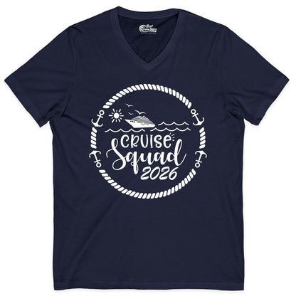 Cruise Squad 2026 Shirt - Family Cruise Shirt Group Apparel (V-Neck) in Navy - Cruise Squad 2026 Shirt - Nautical Rope Anchor Family Group Tee