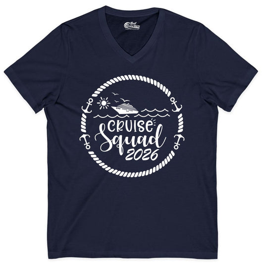 Cruise Squad 2026 Shirt - Family Cruise Shirt Group Apparel (V-Neck) in Navy - Cruise Squad 2026 Shirt - Nautical Rope Anchor Family Group Tee