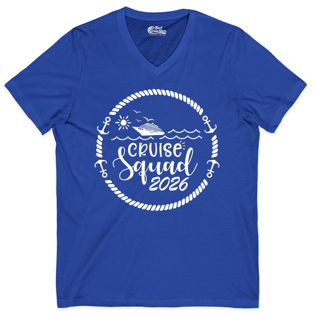 Cruise Squad 2026 Shirt - Family Cruise Shirt Group Apparel (V-Neck) in True Royal - Cruise Squad 2026 Shirt - Nautical Rope Anchor Family Group Tee