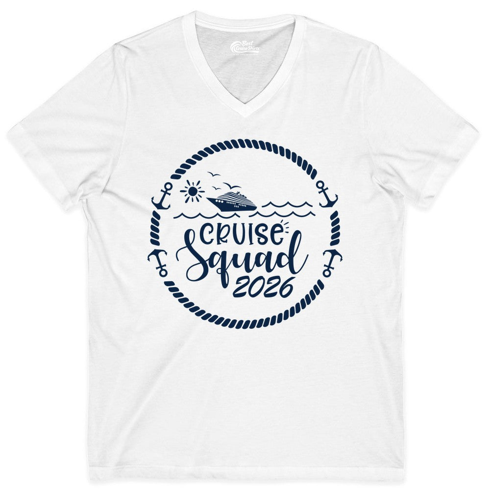 Cruise Squad 2026 Shirt - Family Cruise Shirt Group Apparel (V-Neck) in White - Cruise Squad 2026 Shirt - Nautical Rope Anchor Family Group Tee