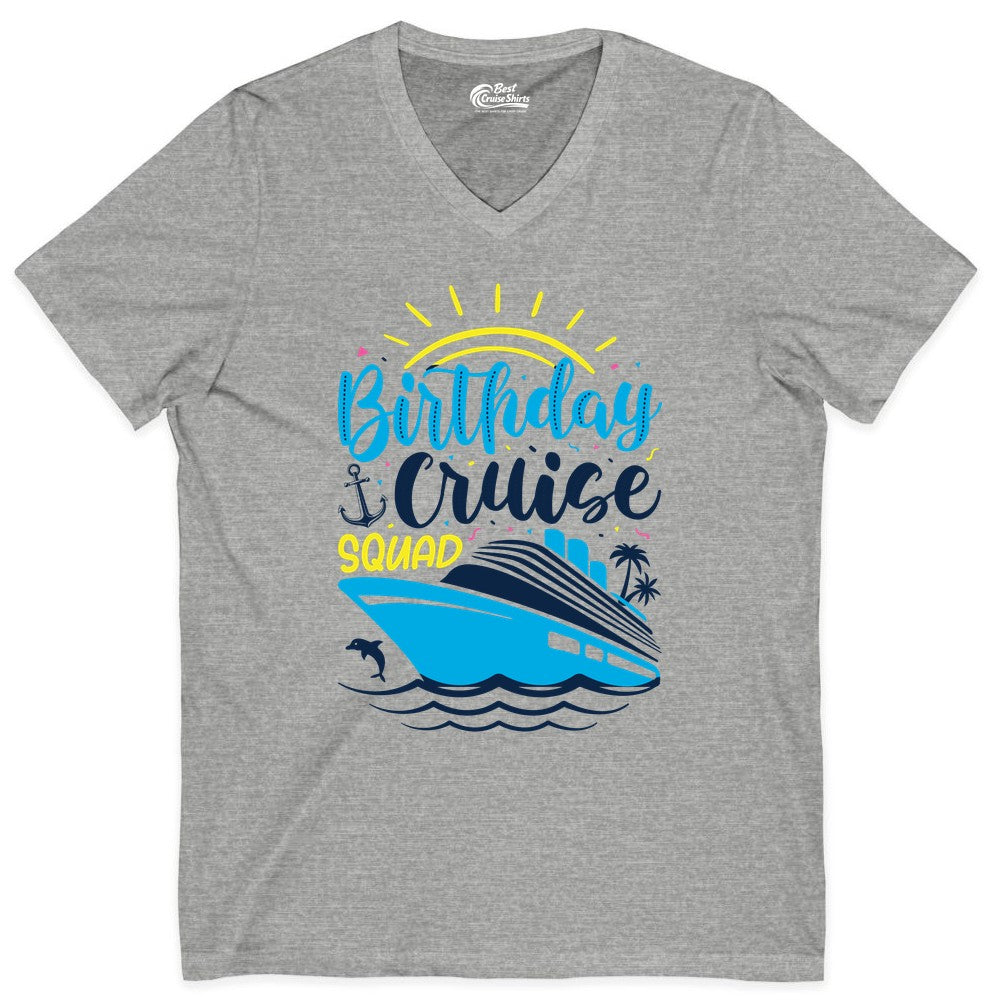 Birthday Cruise Squad Shirts - Fun Cruise Birthday Party Apparel (V-Neck) in Athletic Heather - Birthday Cruise Squad Nautical Party Shirt for Group Celebrations
