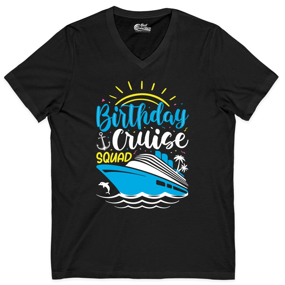 Birthday Cruise Squad Shirts - Fun Cruise Birthday Party Apparel (V-Neck) in Black - Birthday Cruise Squad Nautical Party Shirt for Group Celebrations