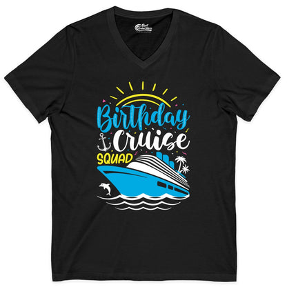 Birthday Cruise Squad Shirts - Fun Cruise Birthday Party Apparel (V-Neck) in Black - Birthday Cruise Squad Nautical Party Shirt for Group Celebrations