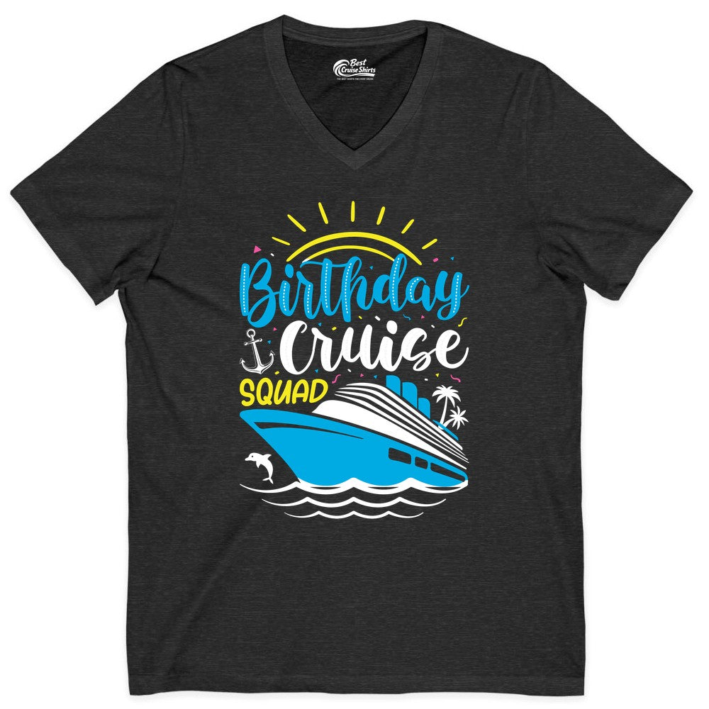 Birthday Cruise Squad Shirts - Fun Cruise Birthday Party Apparel (V-Neck) in Dark Grey Heather - Birthday Cruise Squad Nautical Party Shirt for Group Celebrations
