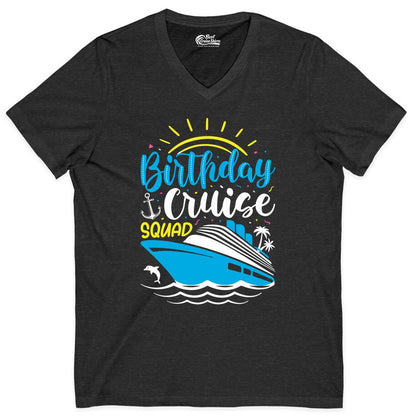 Birthday Cruise Squad Shirts - Fun Cruise Birthday Party Apparel (V-Neck) in Dark Grey Heather - Birthday Cruise Squad Nautical Party Shirt for Group Celebrations