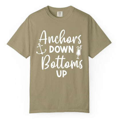 Anchors Down Bottoms Up Shirt - Funny Cruise Drinking Nautical Tee (Comfort Color) in Khaki - Anchors Down Bottoms Up Nautical Drinking Cruise Party Shirt