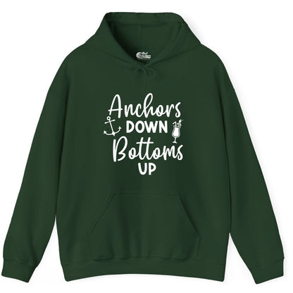 Anchors Down Bottoms Up Shirt - Funny Cruise Drinking Nautical Tee (Hoodie) in Forest Green - Anchors Down Bottoms Up Nautical Drinking Cruise Party Shirt