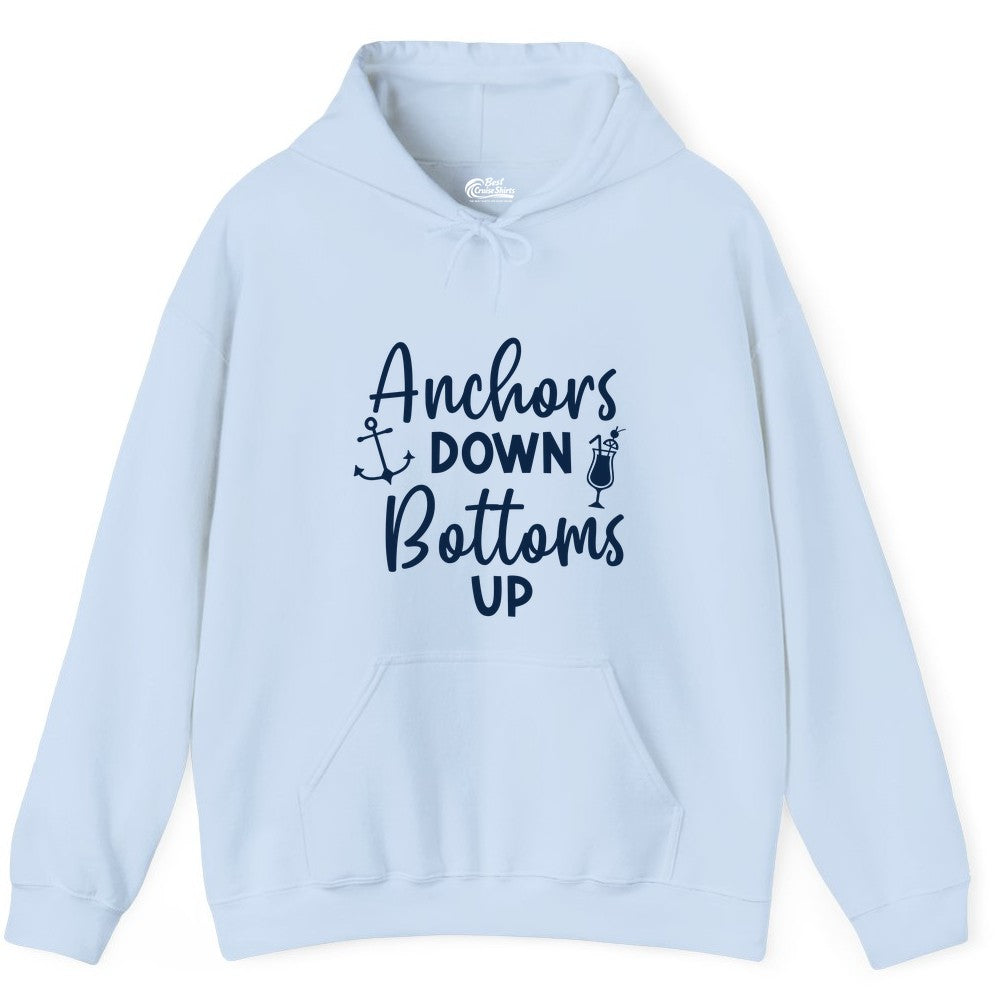 Anchors Down Bottoms Up Shirt - Funny Cruise Drinking Nautical Tee (Hoodie) in Light Blue - Anchors Down Bottoms Up Nautical Drinking Cruise Party Shirt