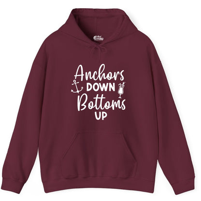 Anchors Down Bottoms Up Shirt - Funny Cruise Drinking Nautical Tee (Hoodie) in Maroon - Anchors Down Bottoms Up Nautical Drinking Cruise Party Shirt