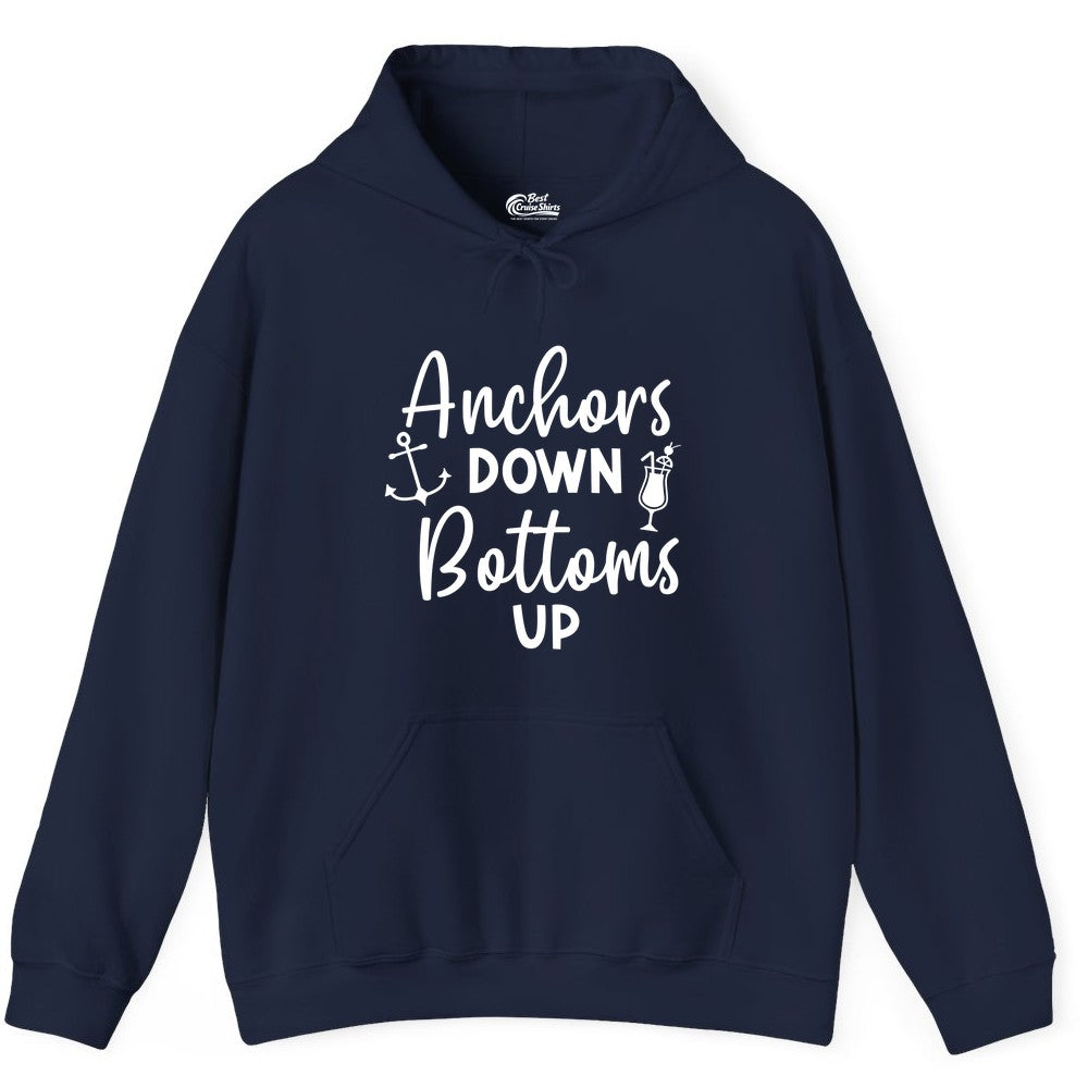 Anchors Down Bottoms Up Shirt - Funny Cruise Drinking Nautical Tee (Hoodie) in Navy - Anchors Down Bottoms Up Nautical Drinking Cruise Party Shirt