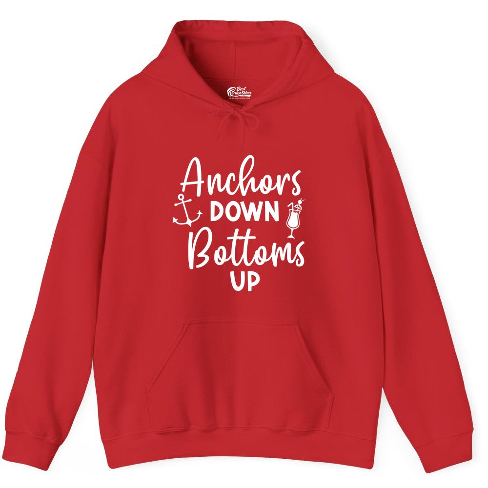 Anchors Down Bottoms Up Shirt - Funny Cruise Drinking Nautical Tee (Hoodie) in Red - Anchors Down Bottoms Up Nautical Drinking Cruise Party Shirt