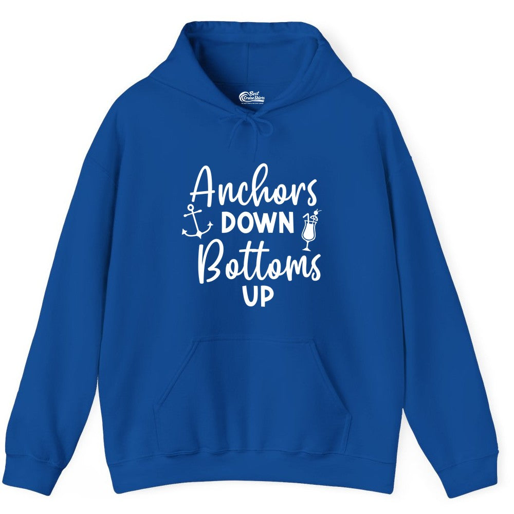 Anchors Down Bottoms Up Shirt - Funny Cruise Drinking Nautical Tee (Hoodie) in Royal - Anchors Down Bottoms Up Nautical Drinking Cruise Party Shirt