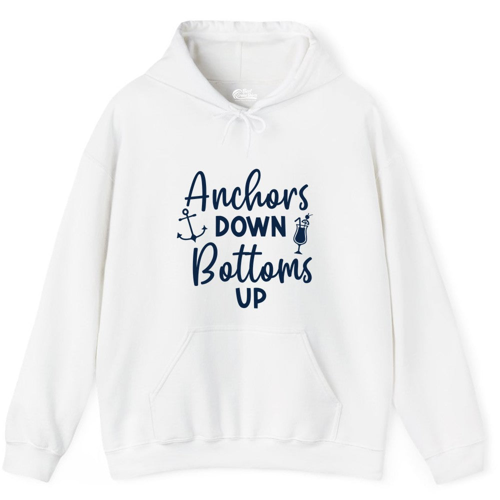 Anchors Down Bottoms Up Shirt - Funny Cruise Drinking Nautical Tee (Hoodie) in White - Anchors Down Bottoms Up Nautical Drinking Cruise Party Shirt