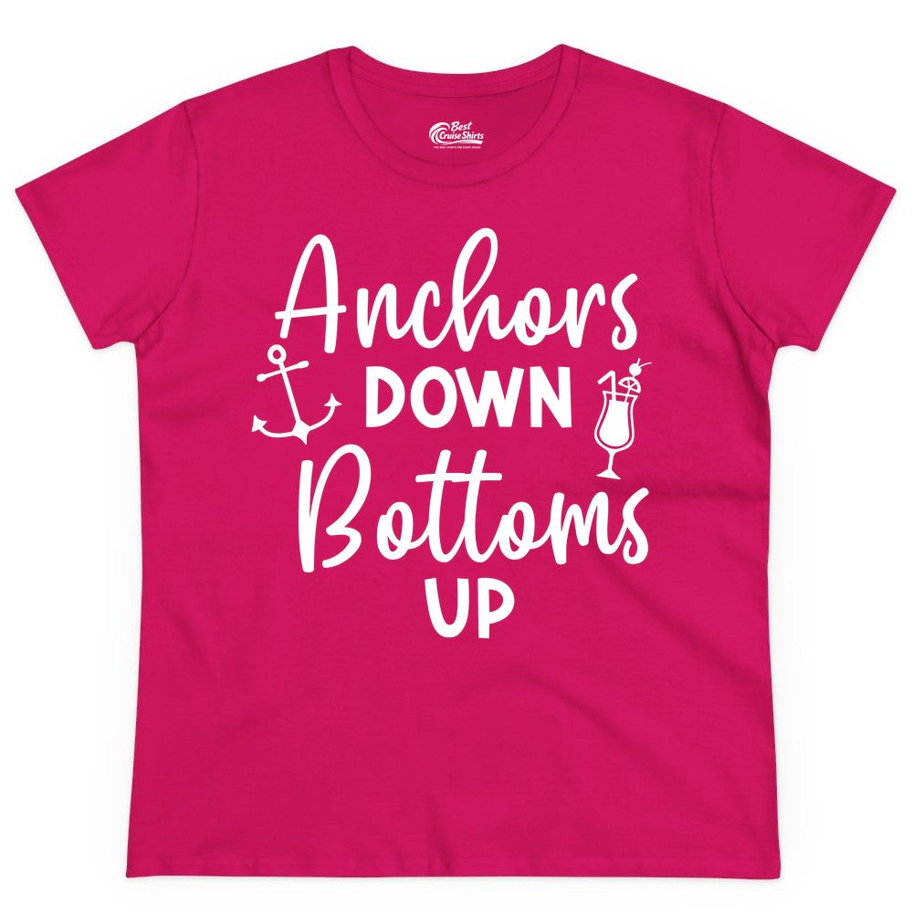 Anchors Down Bottoms Up Shirt - Funny Cruise Drinking Nautical Tee (Ladies Tee) in Heliconia - Anchors Down Bottoms Up Nautical Drinking Cruise Party Shirt
