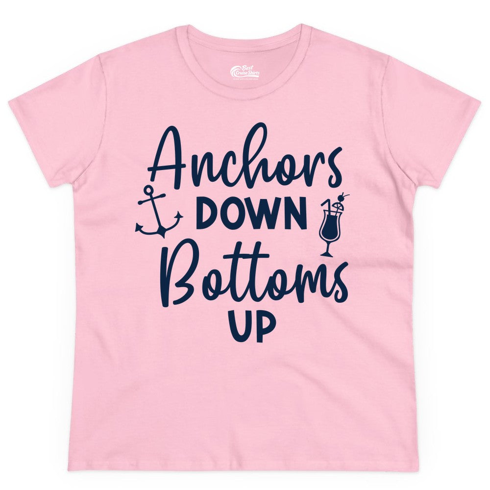 Anchors Down Bottoms Up Shirt - Funny Cruise Drinking Nautical Tee (Ladies Tee) in Light Pink - Anchors Down Bottoms Up Nautical Drinking Cruise Party Shirt