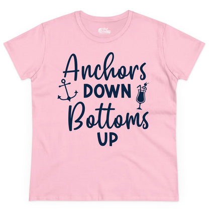Anchors Down Bottoms Up Shirt - Funny Cruise Drinking Nautical Tee (Ladies Tee) in Light Pink - Anchors Down Bottoms Up Nautical Drinking Cruise Party Shirt