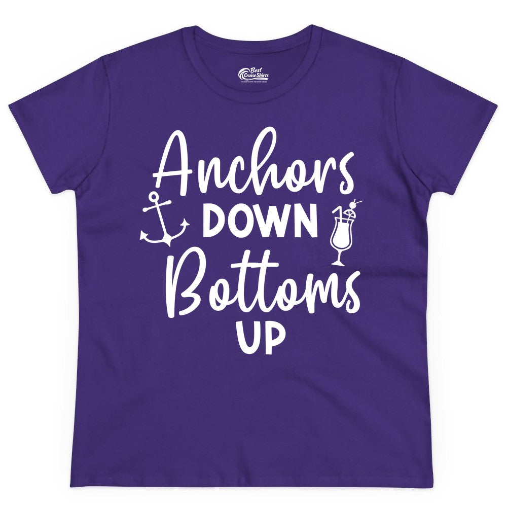 Anchors Down Bottoms Up Shirt - Funny Cruise Drinking Nautical Tee (Ladies Tee) in Purple - Anchors Down Bottoms Up Nautical Drinking Cruise Party Shirt